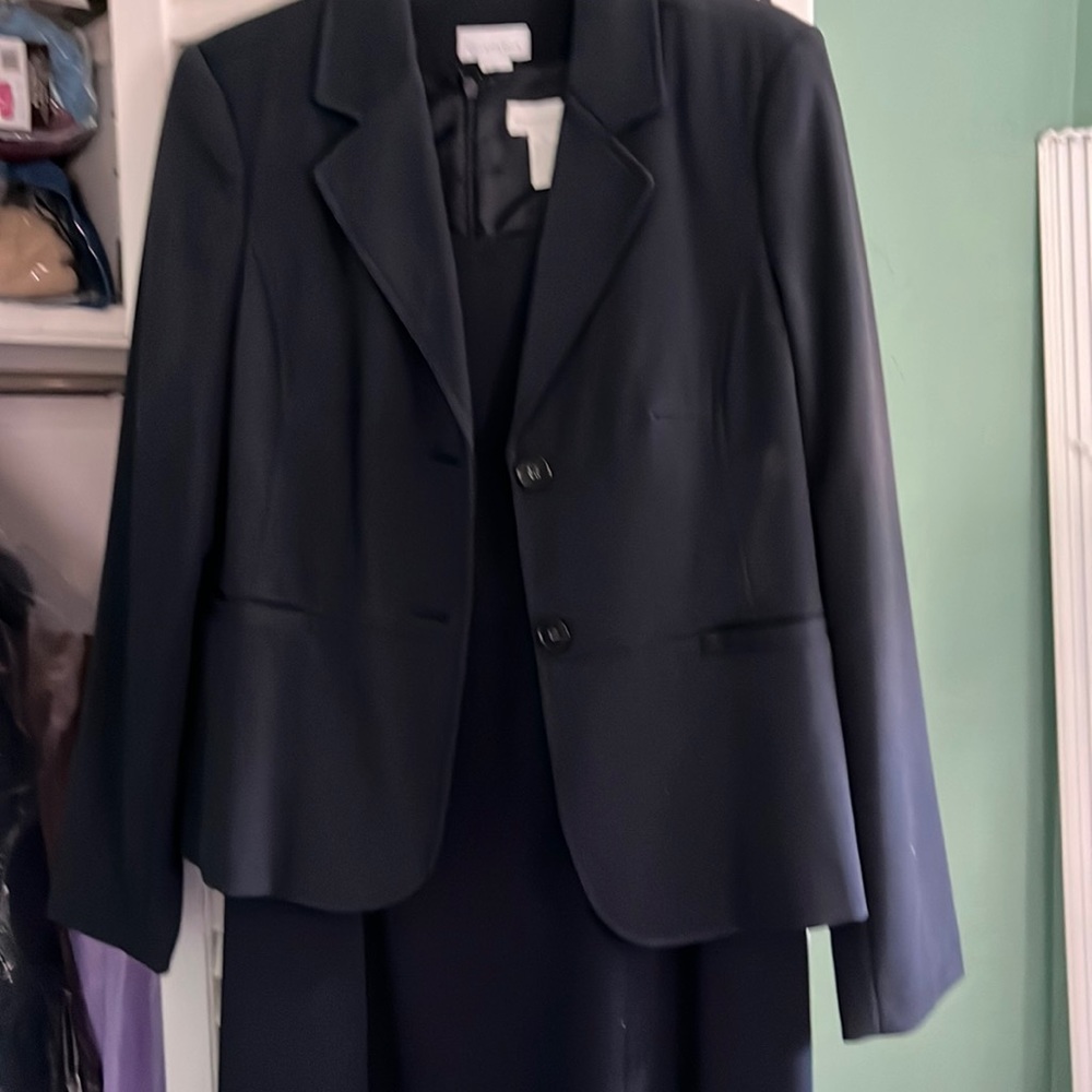 Navy blue suit.